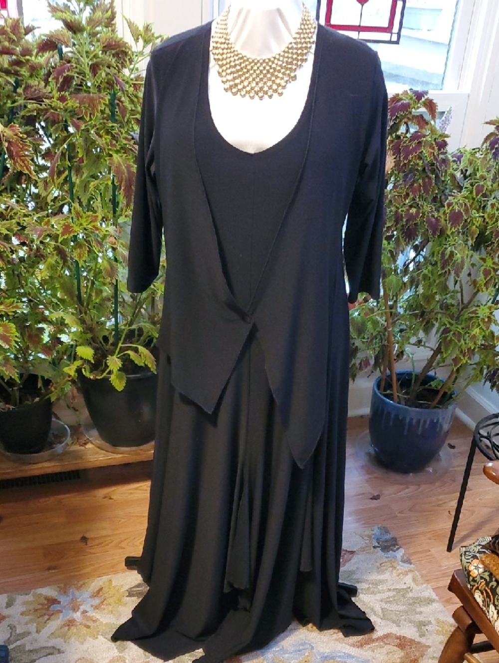 CURATED BY RUA'H KIBRIYA: Matte Black Stretchy Dress W/Attached Vest & Hi-Lo Hem
